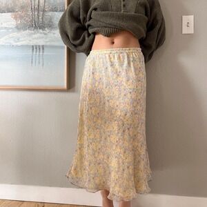 Y2K Silk Floral Midi Skirt Bias Cut Cottagecore soft romantic layering Slip